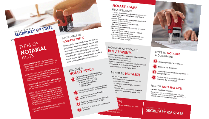 Screenshots of the front and back of the pdf document. This information is all available on the pages in the Notary and Apostille section of the North Dakota Secretary of State website.